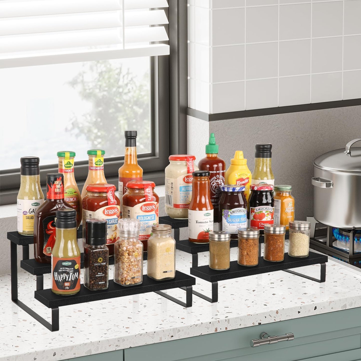 Wooden Display Riser Stand, Tiered Perfume and Cologne Organizer Stand, 4 Tier Spice Rack Organizer, Rustic Display Shelf for Candles (4 Tier)