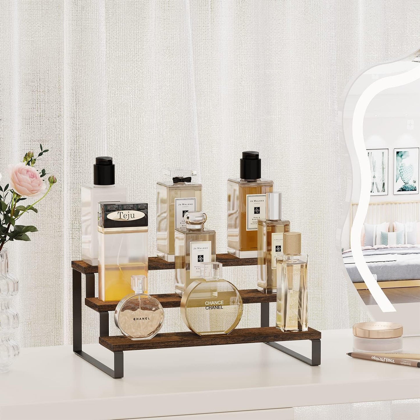 Wooden Display Riser Stand, Tiered Perfume and Cologne Organizer Stand, 4 Tier Spice Rack Organizer, Rustic Display Shelf for Candles (4 Tier)