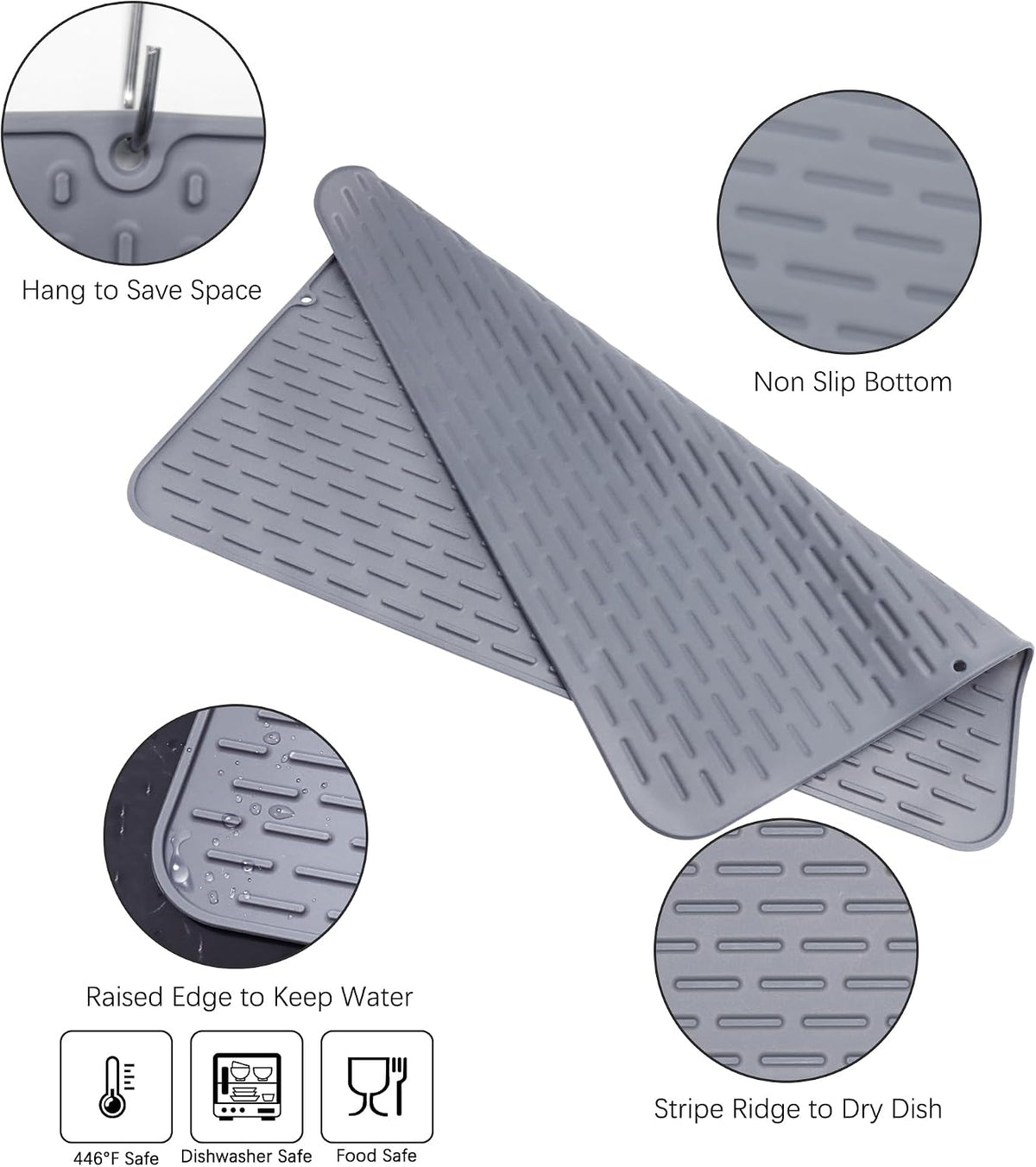 Silicone Dish Drying Mat - Extral Large 24" x 18" - Set of 2 Flexible Rubber Drying Mat, Heat Resistant Silicone Trivet, Countertop Mat, Dish Draining Mat, Sink Mat
