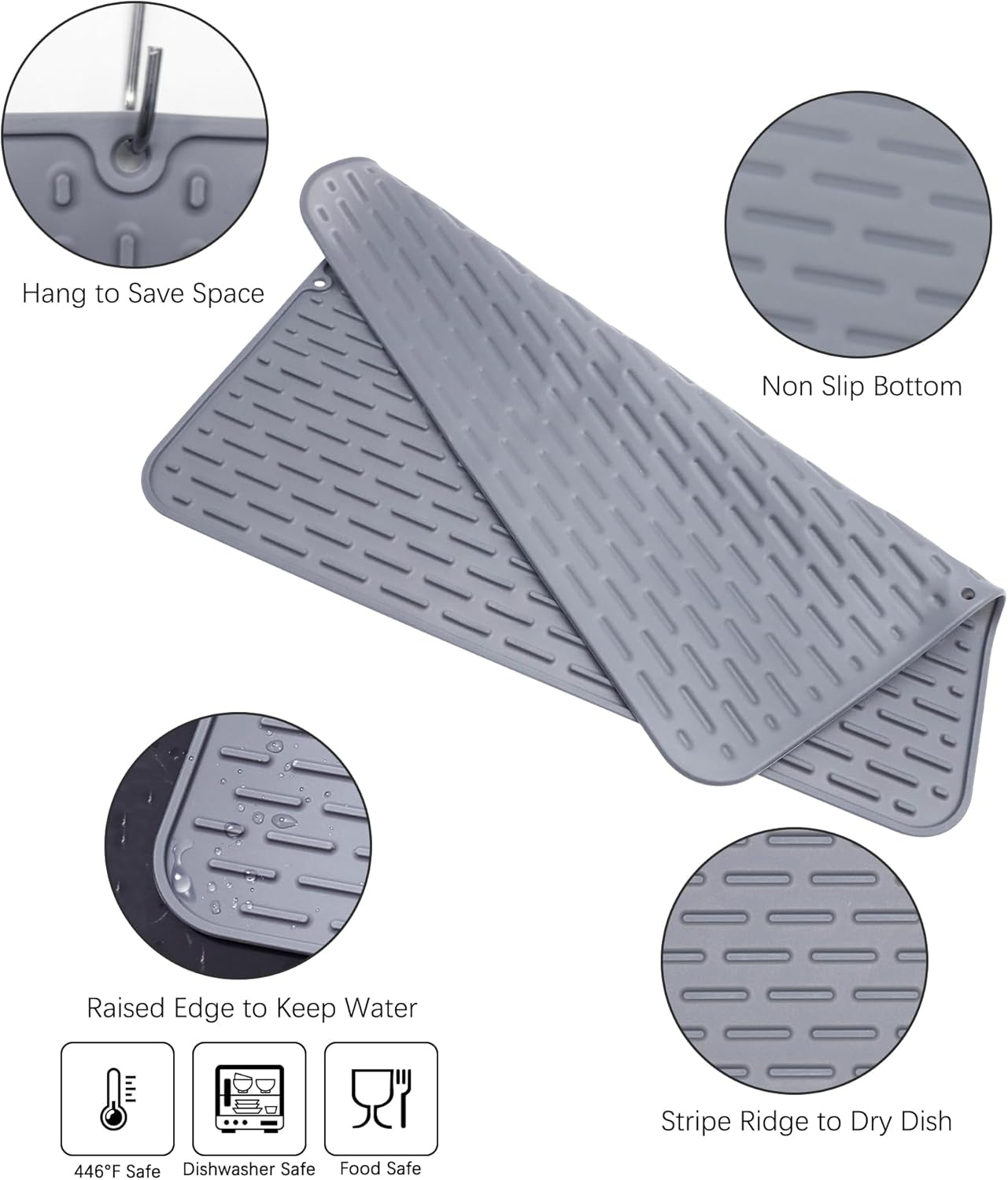 Silicone Dish Drying Mat - Extral Large 24" x 18" - Set of 2 Flexible Rubber Drying Mat, Heat Resistant Silicone Trivet, Countertop Mat, Dish Draining Mat, Sink Mat