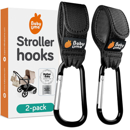 Stroller Hooks for Bags (2 Pack) - Non-Slip, One-Hand Use, 11 lb | These universal stroller clips open one-handed, resist slipping, and each carabiner hook holds 11 lbs—a travel essential.