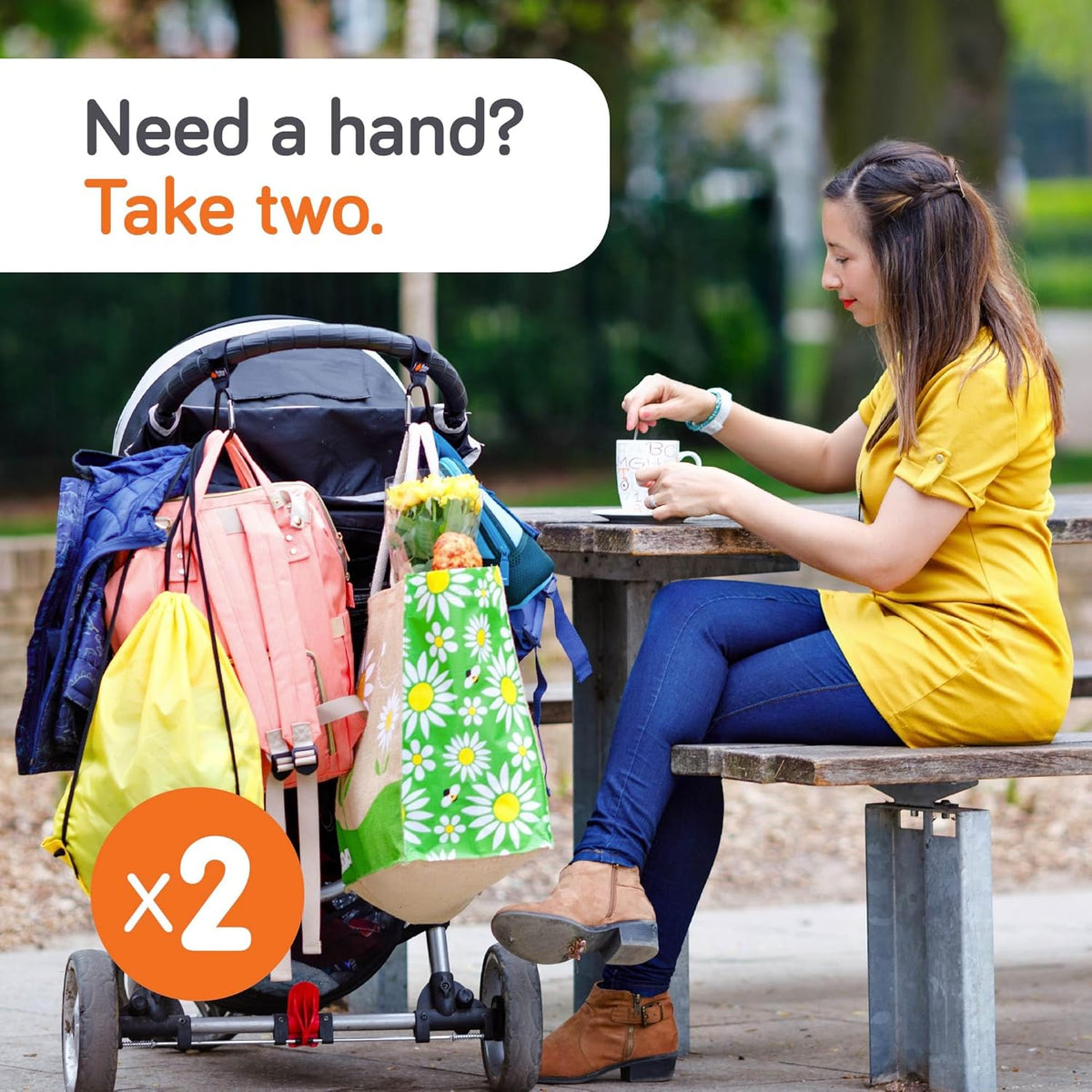 Stroller Hooks for Bags (2 Pack) - Non-Slip, One-Hand Use, 11 lb | These universal stroller clips open one-handed, resist slipping, and each carabiner hook holds 11 lbs—a travel essential.