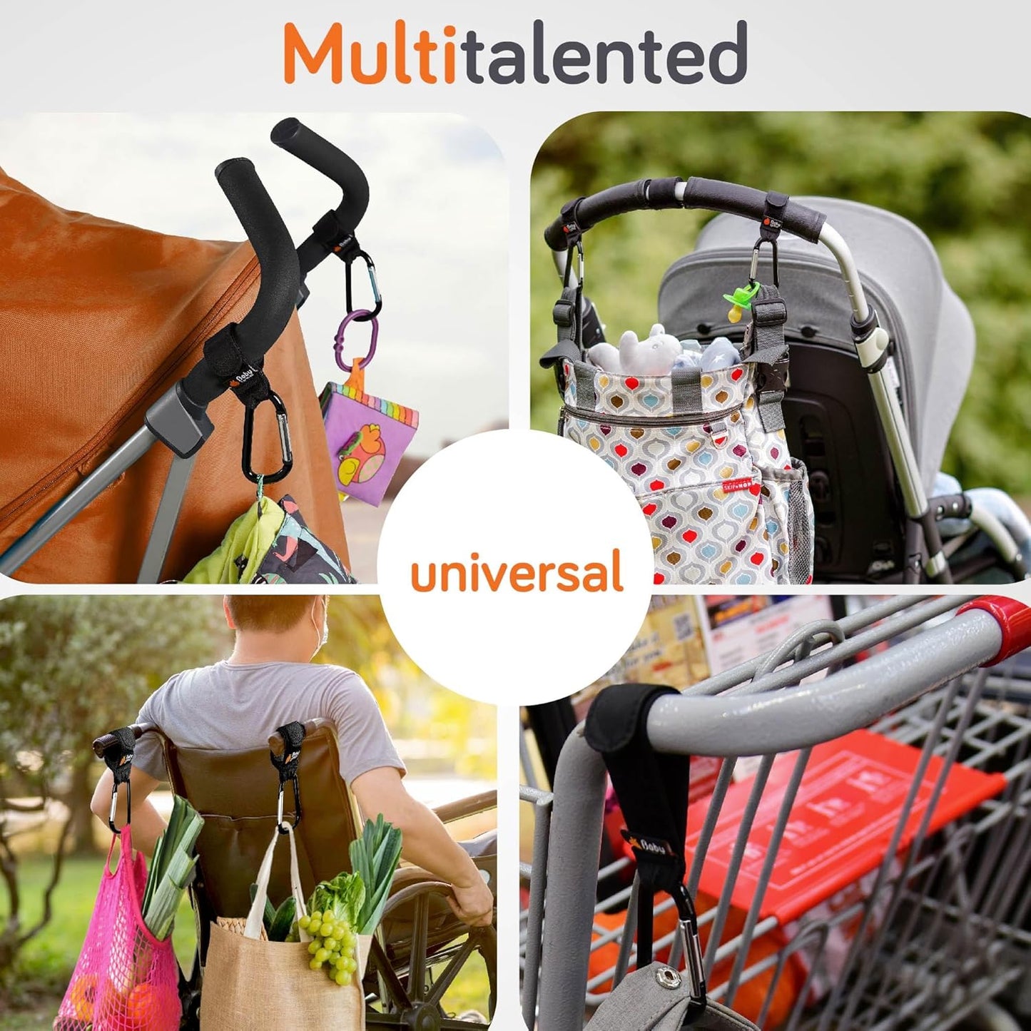Stroller Hooks for Bags (2 Pack) - Non-Slip, One-Hand Use, 11 lb | These universal stroller clips open one-handed, resist slipping, and each carabiner hook holds 11 lbs—a travel essential.