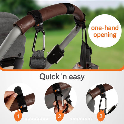 Stroller Hooks for Bags (2 Pack) - Non-Slip, One-Hand Use, 11 lb | These universal stroller clips open one-handed, resist slipping, and each carabiner hook holds 11 lbs—a travel essential.