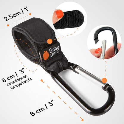 Stroller Hooks for Bags (2 Pack) - Non-Slip, One-Hand Use, 11 lb | These universal stroller clips open one-handed, resist slipping, and each carabiner hook holds 11 lbs—a travel essential.