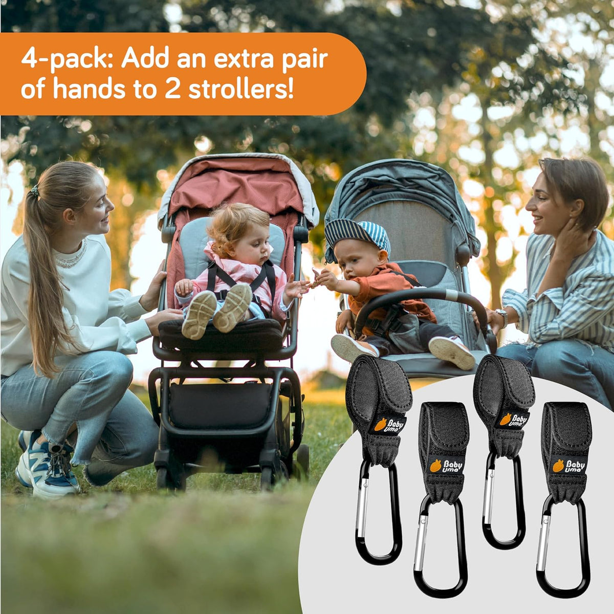 Stroller Hooks for Bags (2 Pack) - Non-Slip, One-Hand Use, 11 lb | These universal stroller clips open one-handed, resist slipping, and each carabiner hook holds 11 lbs—a travel essential.