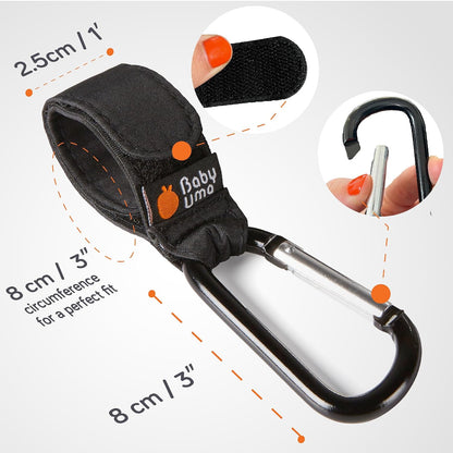 Stroller Hooks for Bags (2 Pack) - Non-Slip, One-Hand Use, 11 lb | These universal stroller clips open one-handed, resist slipping, and each carabiner hook holds 11 lbs—a travel essential.