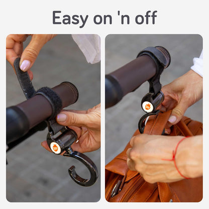 Stroller Hooks for Bags (2 Pack) - Non-Slip, One-Hand Use, 11 lb | These universal stroller clips open one-handed, resist slipping, and each carabiner hook holds 11 lbs—a travel essential.