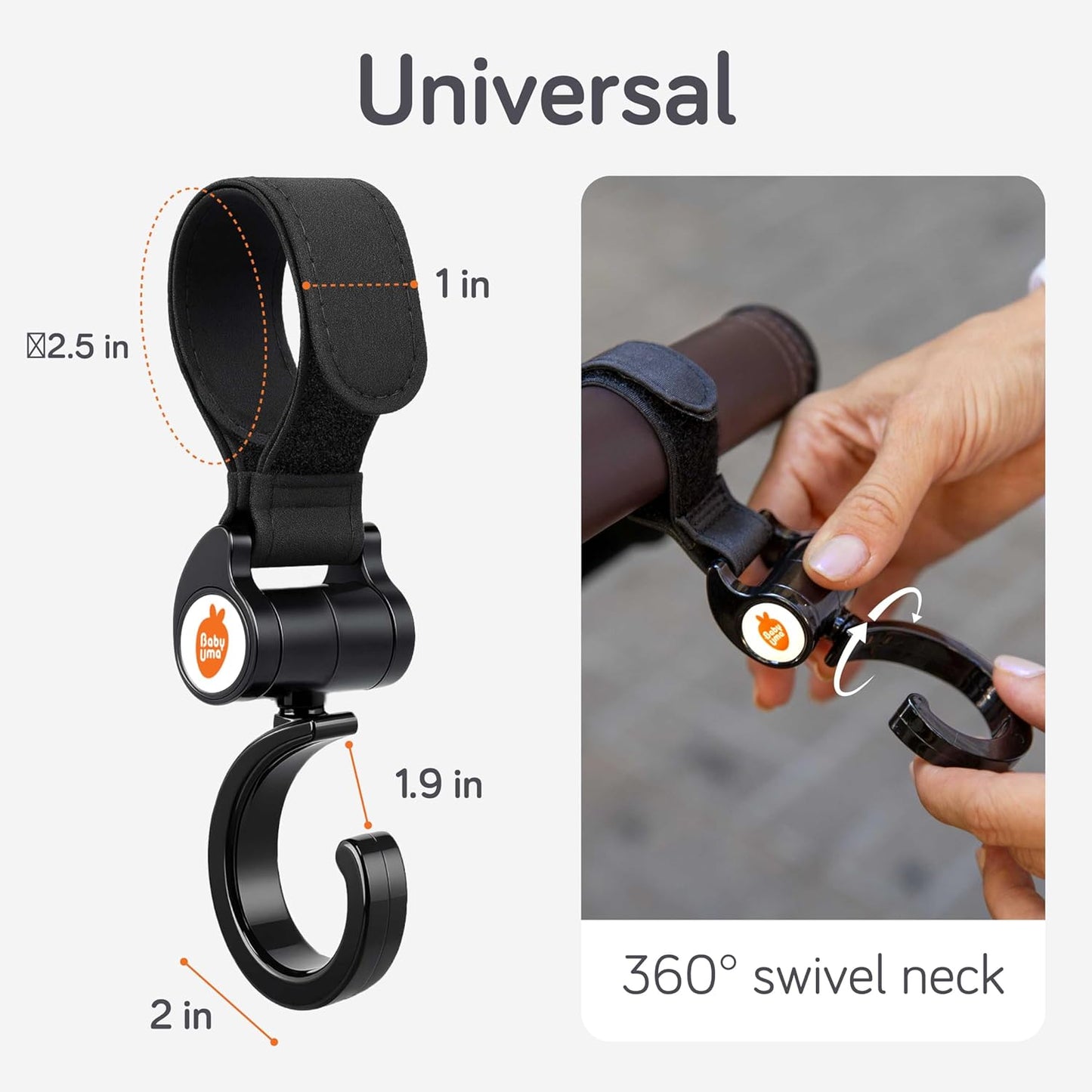 Stroller Hooks for Bags (2 Pack) - Non-Slip, One-Hand Use, 11 lb | These universal stroller clips open one-handed, resist slipping, and each carabiner hook holds 11 lbs—a travel essential.