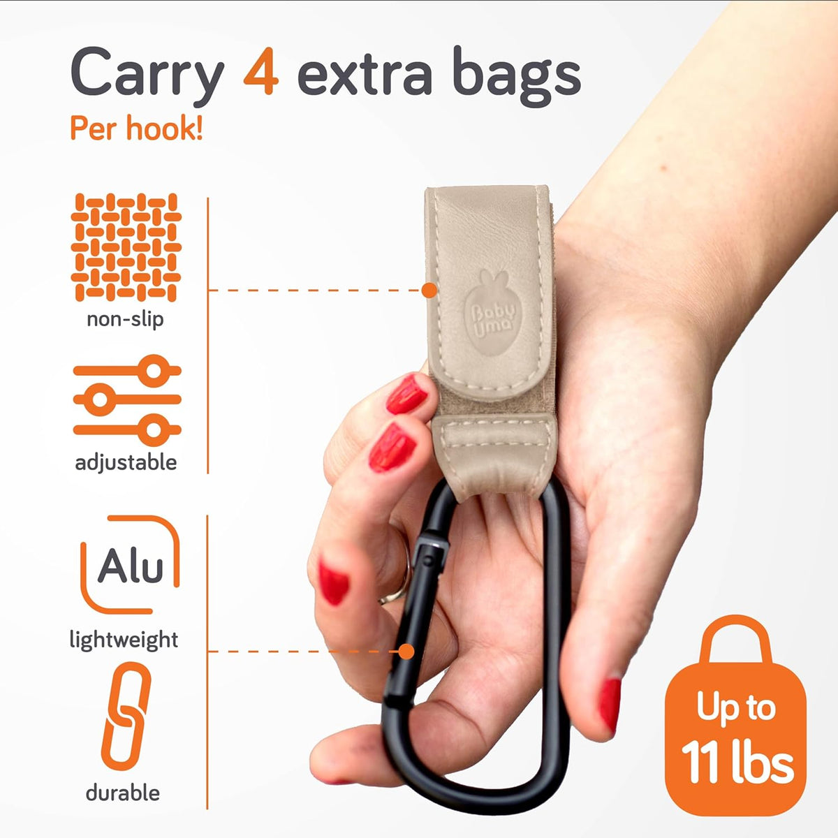 Stroller Hooks for Bags (2 Pack) - Non-Slip, One-Hand Use, 11 lb | These universal stroller clips open one-handed, resist slipping, and each carabiner hook holds 11 lbs—a travel essential.