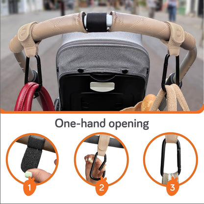 Stroller Hooks for Bags (2 Pack) - Non-Slip, One-Hand Use, 11 lb | These universal stroller clips open one-handed, resist slipping, and each carabiner hook holds 11 lbs—a travel essential.