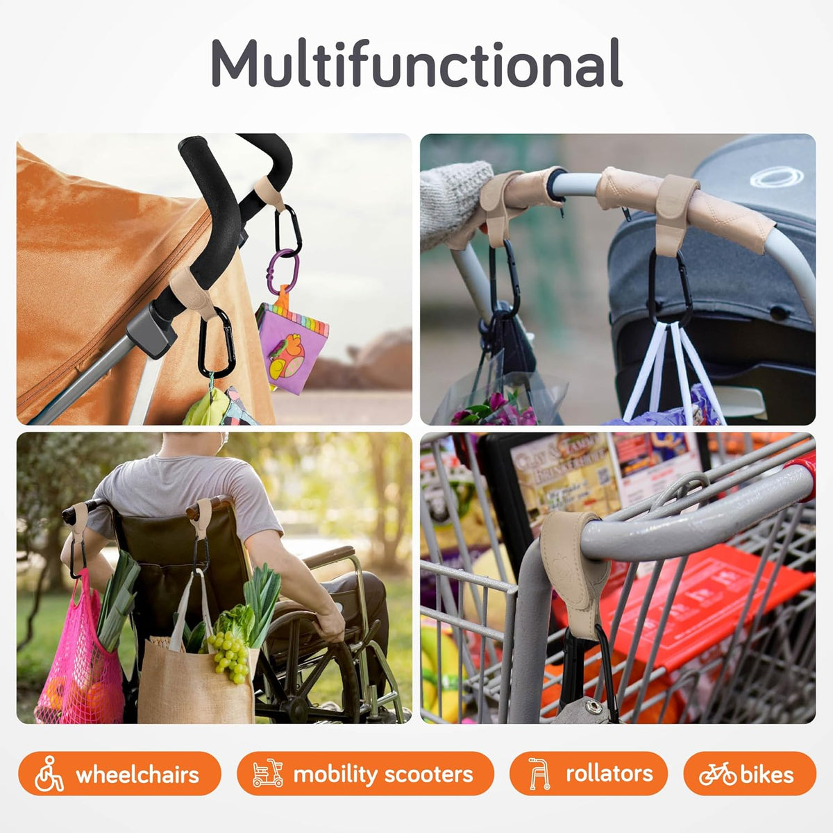 Stroller Hooks for Bags (2 Pack) - Non-Slip, One-Hand Use, 11 lb | These universal stroller clips open one-handed, resist slipping, and each carabiner hook holds 11 lbs—a travel essential.