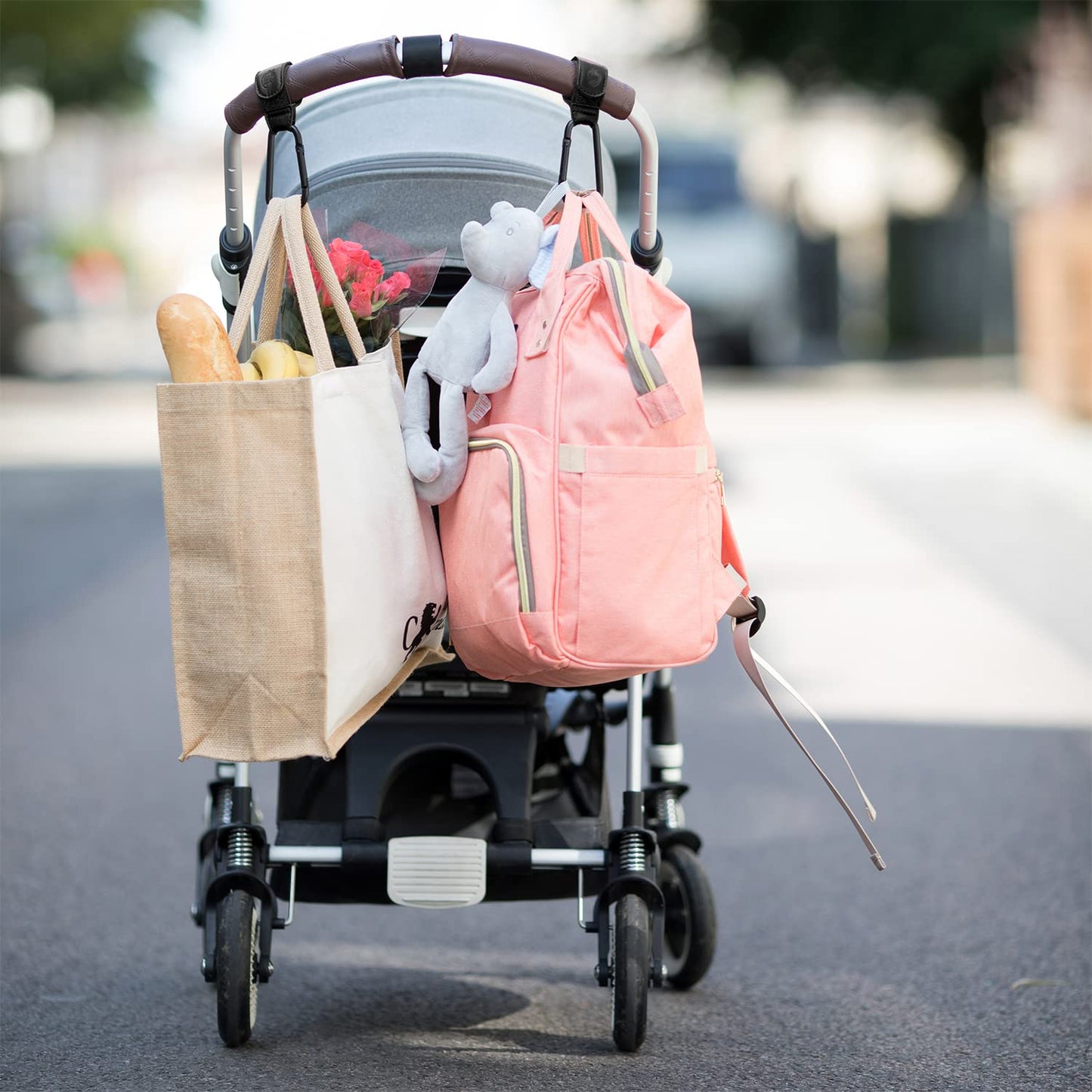 Stroller Hooks for Bags (2 Pack) - Non-Slip, One-Hand Use, 11 lb | These universal stroller clips open one-handed, resist slipping, and each carabiner hook holds 11 lbs—a travel essential.