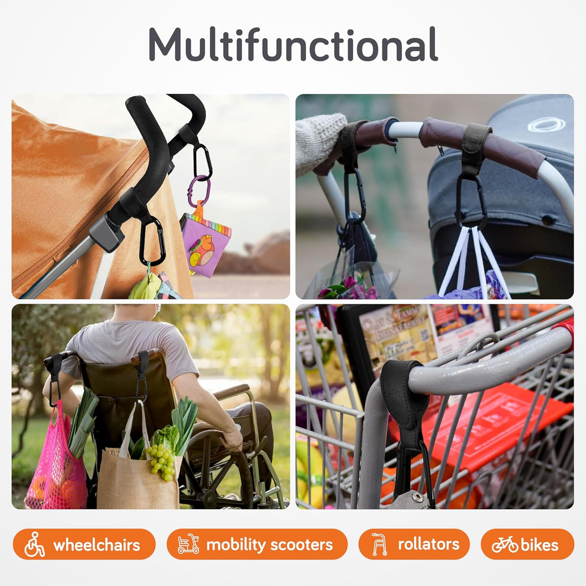 Stroller Hooks for Bags (2 Pack) - Non-Slip, One-Hand Use, 11 lb | These universal stroller clips open one-handed, resist slipping, and each carabiner hook holds 11 lbs—a travel essential.