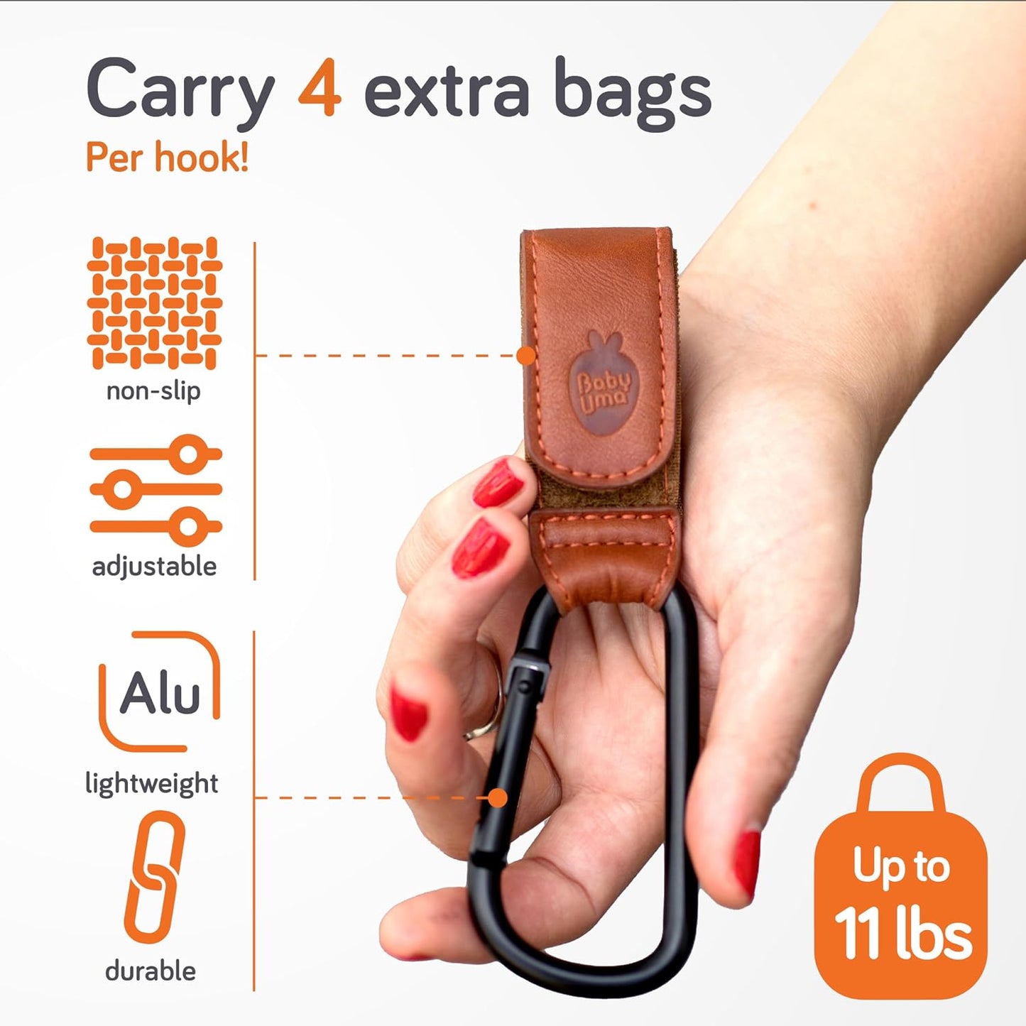 Stroller Hooks for Bags (2 Pack) - Non-Slip, One-Hand Use, 11 lb | These universal stroller clips open one-handed, resist slipping, and each carabiner hook holds 11 lbs—a travel essential.