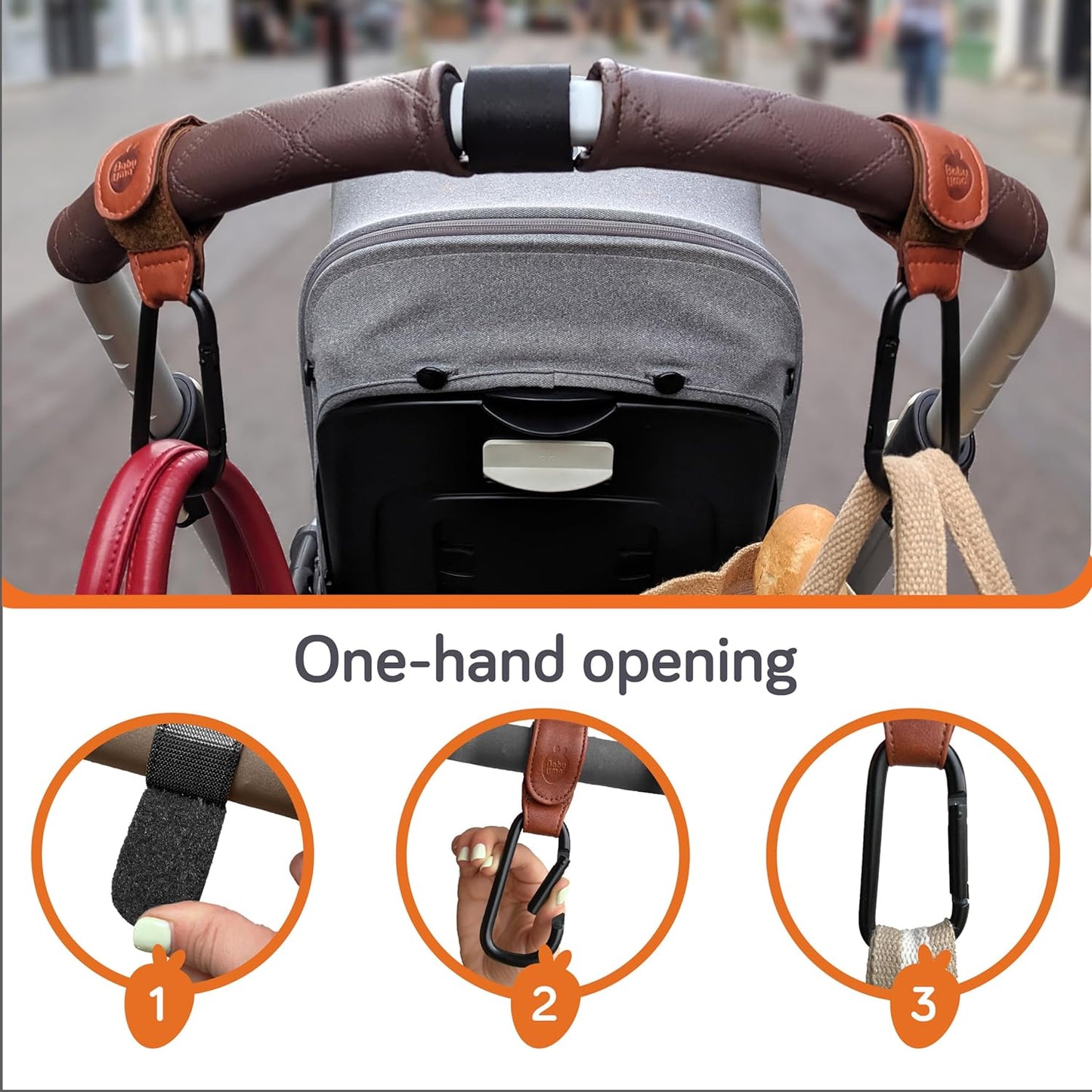 Stroller Hooks for Bags (2 Pack) - Non-Slip, One-Hand Use, 11 lb | These universal stroller clips open one-handed, resist slipping, and each carabiner hook holds 11 lbs—a travel essential.