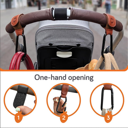 Stroller Hooks for Bags (2 Pack) - Non-Slip, One-Hand Use, 11 lb | These universal stroller clips open one-handed, resist slipping, and each carabiner hook holds 11 lbs—a travel essential.