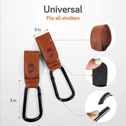 Stroller Hooks for Bags (2 Pack) - Non-Slip, One-Hand Use, 11 lb | These universal stroller clips open one-handed, resist slipping, and each carabiner hook holds 11 lbs—a travel essential.