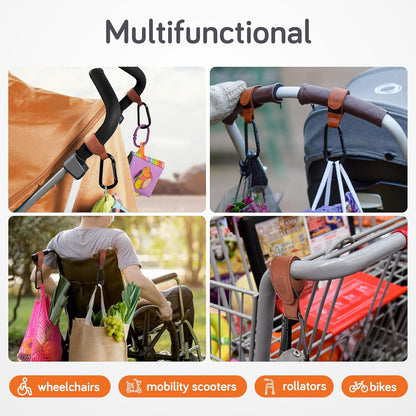 Stroller Hooks for Bags (2 Pack) - Non-Slip, One-Hand Use, 11 lb | These universal stroller clips open one-handed, resist slipping, and each carabiner hook holds 11 lbs—a travel essential.