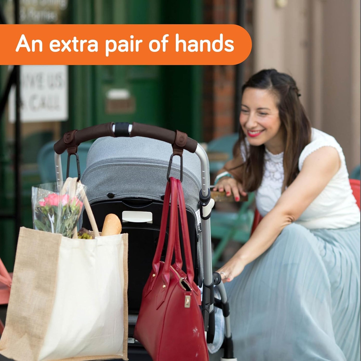 Stroller Hooks for Bags (2 Pack) - Non-Slip, One-Hand Use, 11 lb | These universal stroller clips open one-handed, resist slipping, and each carabiner hook holds 11 lbs—a travel essential.
