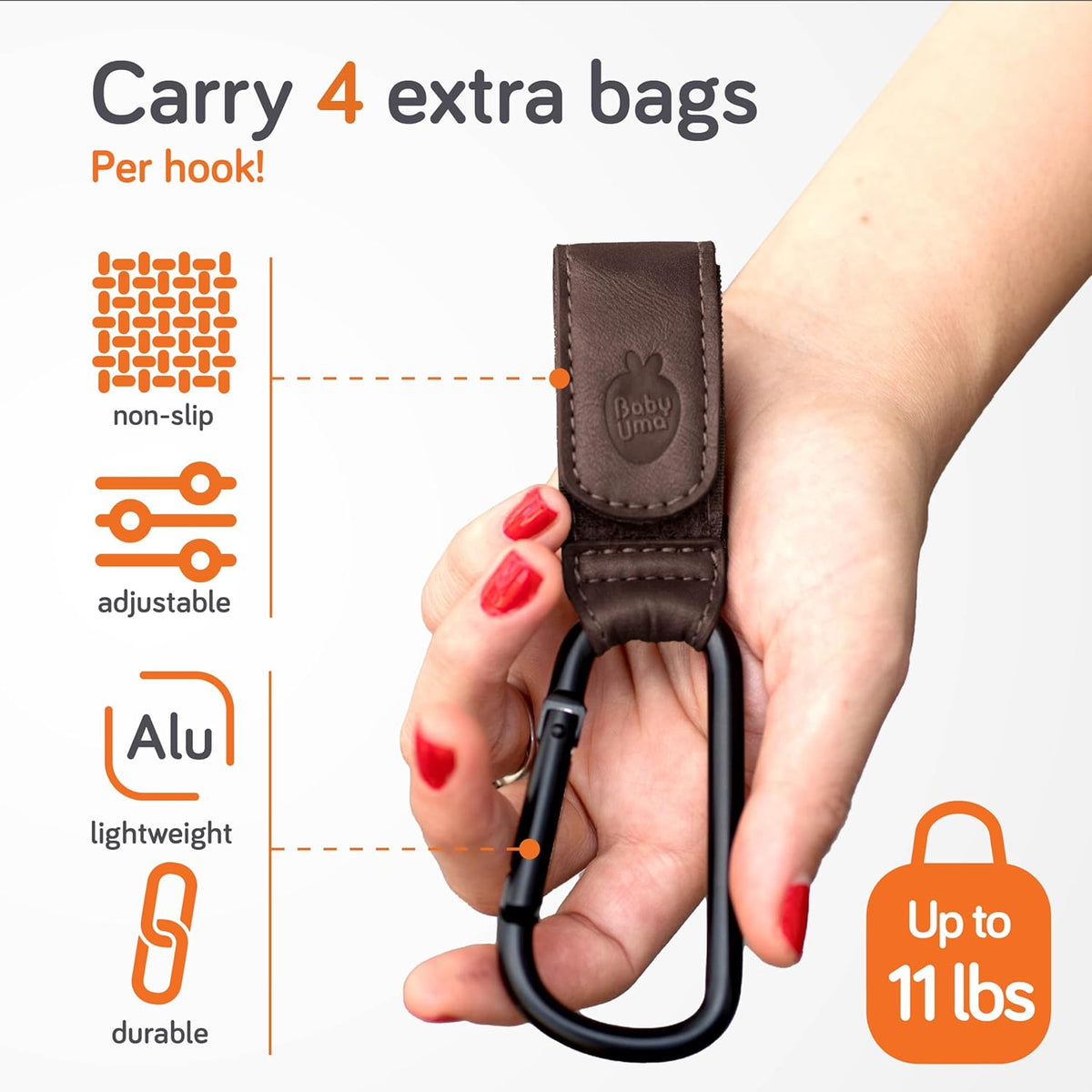 Stroller Hooks for Bags (2 Pack) - Non-Slip, One-Hand Use, 11 lb | These universal stroller clips open one-handed, resist slipping, and each carabiner hook holds 11 lbs—a travel essential.