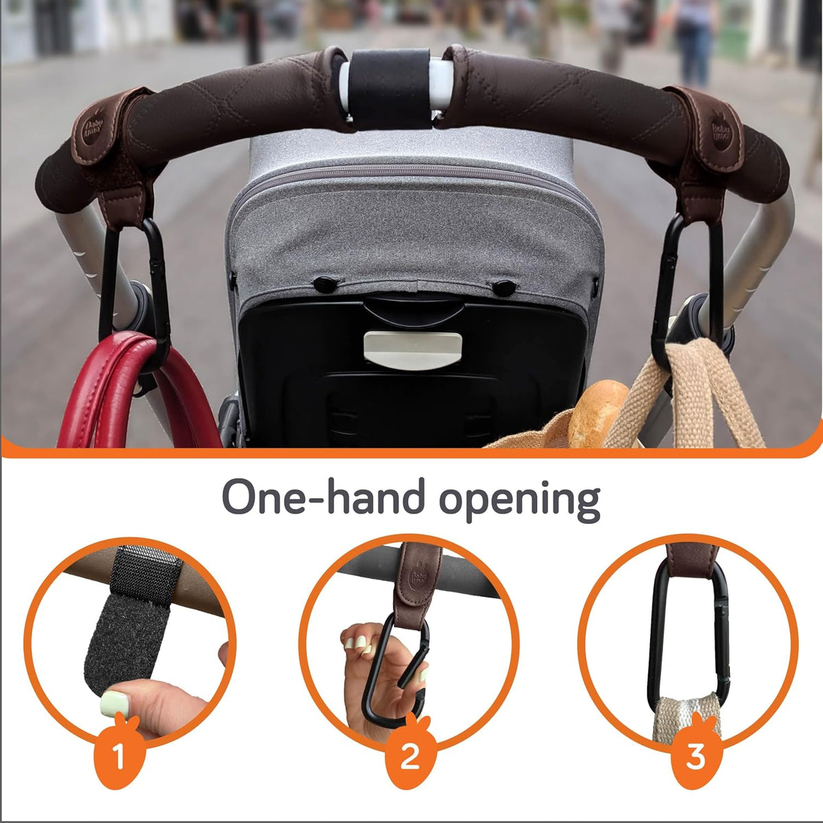 Stroller Hooks for Bags (2 Pack) - Non-Slip, One-Hand Use, 11 lb | These universal stroller clips open one-handed, resist slipping, and each carabiner hook holds 11 lbs—a travel essential.
