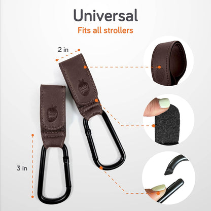 Stroller Hooks for Bags (2 Pack) - Non-Slip, One-Hand Use, 11 lb | These universal stroller clips open one-handed, resist slipping, and each carabiner hook holds 11 lbs—a travel essential.