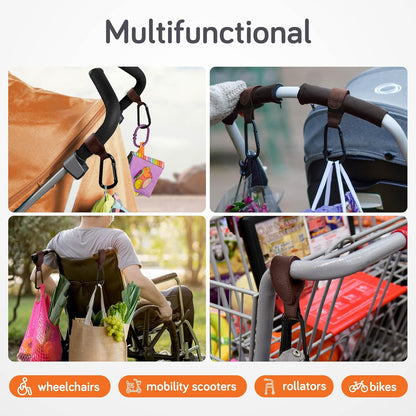 Stroller Hooks for Bags (2 Pack) - Non-Slip, One-Hand Use, 11 lb | These universal stroller clips open one-handed, resist slipping, and each carabiner hook holds 11 lbs—a travel essential.