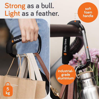 Stroller Hooks for Bags (2 Pack) - Non-Slip, One-Hand Use, 11 lb | These universal stroller clips open one-handed, resist slipping, and each carabiner hook holds 11 lbs—a travel essential.