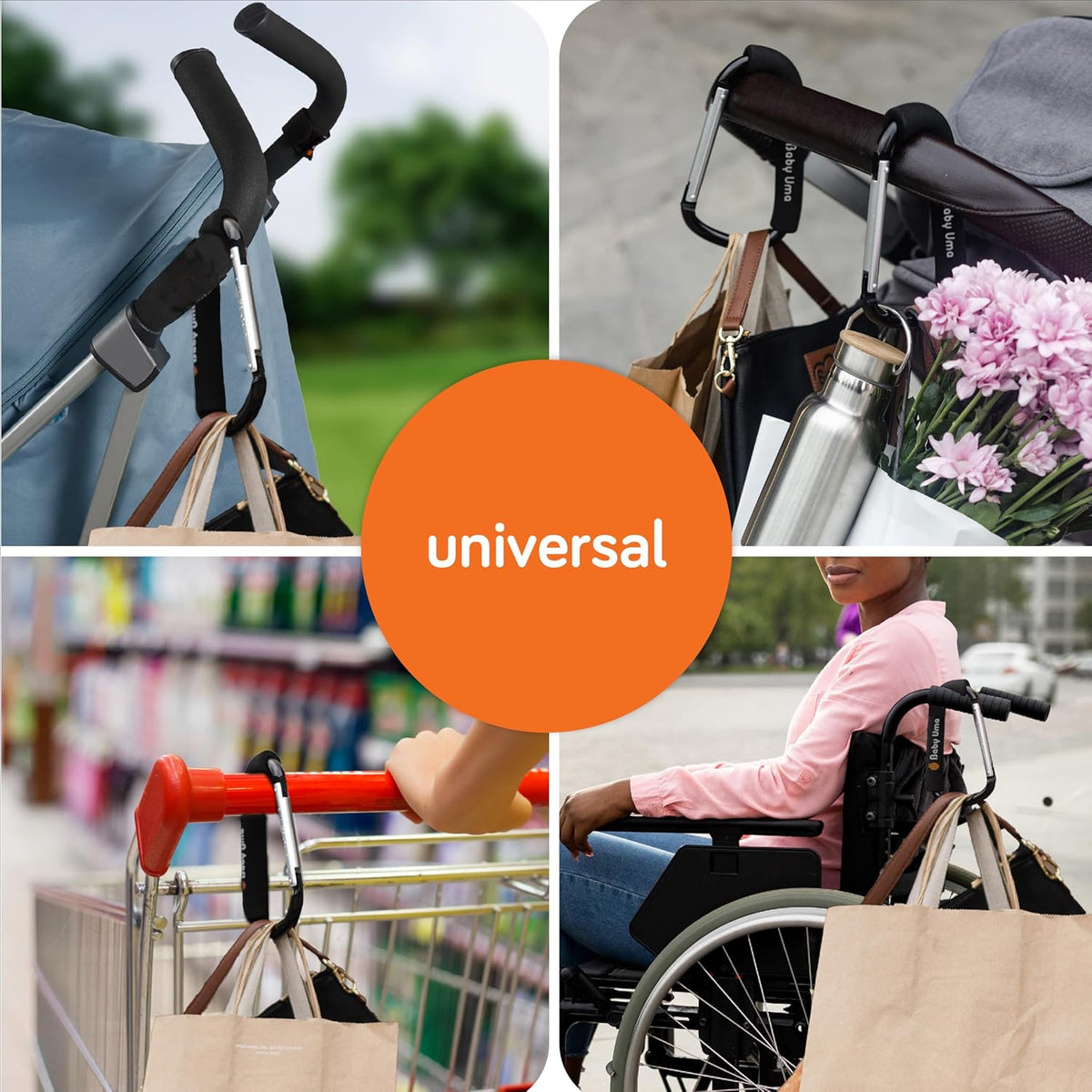 Stroller Hooks for Bags (2 Pack) - Non-Slip, One-Hand Use, 11 lb | These universal stroller clips open one-handed, resist slipping, and each carabiner hook holds 11 lbs—a travel essential.