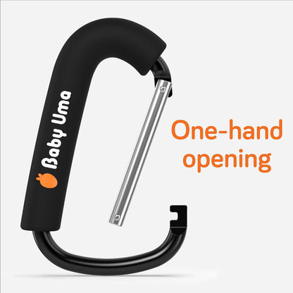 Stroller Hooks for Bags (2 Pack) - Non-Slip, One-Hand Use, 11 lb | These universal stroller clips open one-handed, resist slipping, and each carabiner hook holds 11 lbs—a travel essential.