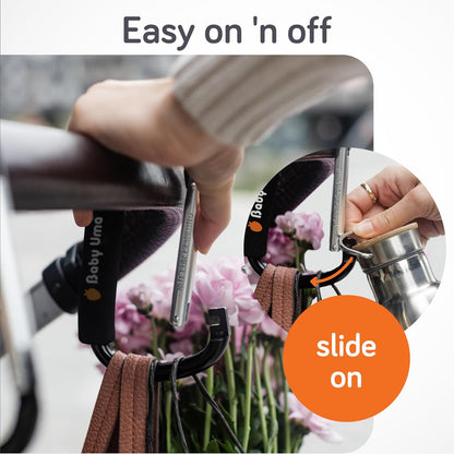 Stroller Hooks for Bags (2 Pack) - Non-Slip, One-Hand Use, 11 lb | These universal stroller clips open one-handed, resist slipping, and each carabiner hook holds 11 lbs—a travel essential.