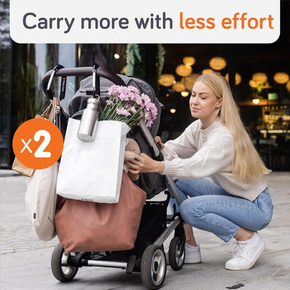 Stroller Hooks for Bags (2 Pack) - Non-Slip, One-Hand Use, 11 lb | These universal stroller clips open one-handed, resist slipping, and each carabiner hook holds 11 lbs—a travel essential.
