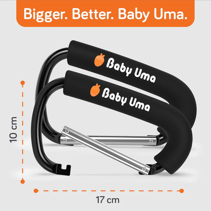 Stroller Hooks for Bags (2 Pack) - Non-Slip, One-Hand Use, 11 lb | These universal stroller clips open one-handed, resist slipping, and each carabiner hook holds 11 lbs—a travel essential.