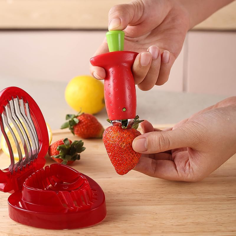Strawberry Huller Fruit Slicer Set quick Remove Strawberry berry Stem Tool, Also Works for Tomato, Pineapple Corer Stems