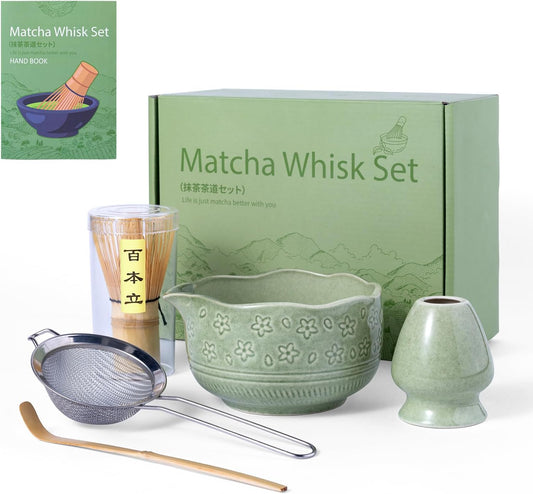 Matcha Whisk Set, 5-Piece Matcha Kit with 18 oz Ceramic Bowl | 18 oz spouted ceramic bowl, bamboo whisk, holder, scoop and stainless steel sifter for traditional matcha and creamy lattes