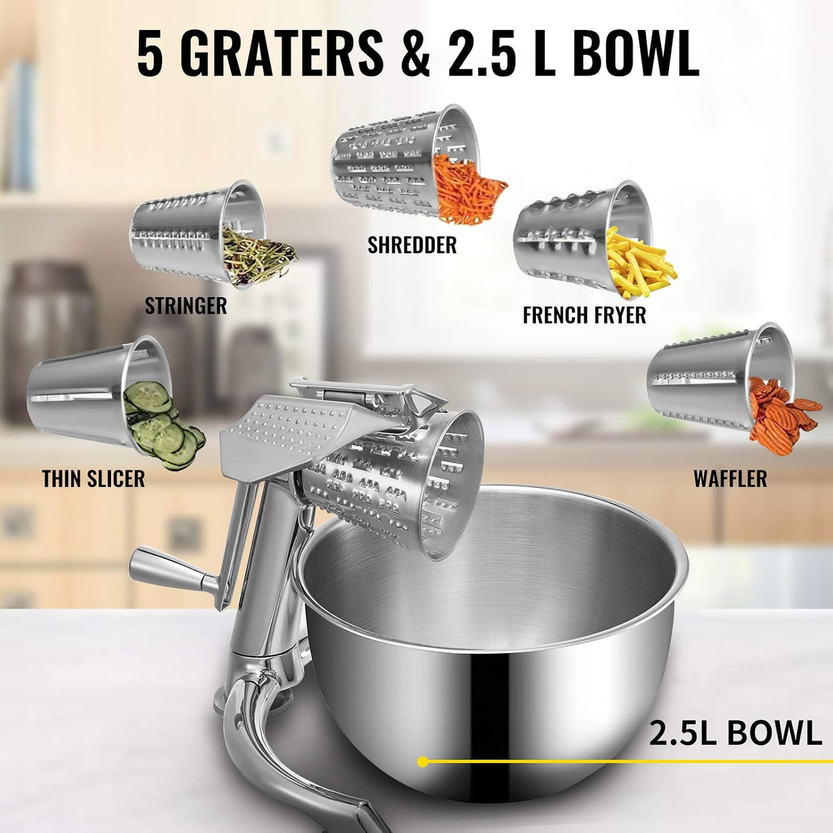 Rotary Cheese Grater, Zinc Alloy Rotary Vegetable Mandoline, Manual Cheese Mandoline w/ 5 Stainless Steel Cutting Cones, Manual Vegetable Grater w/ 2.5L Bowl, Rotary Shredder w/Suction Base
