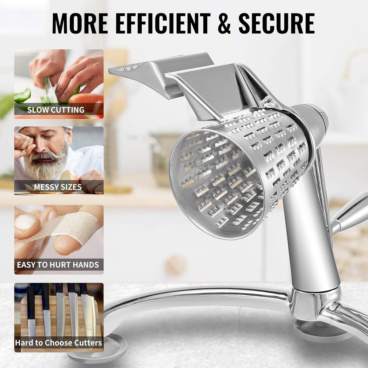 Rotary Cheese Grater, Zinc Alloy Rotary Vegetable Mandoline, Manual Cheese Mandoline w/ 5 Stainless Steel Cutting Cones, Manual Vegetable Grater w/ 2.5L Bowl, Rotary Shredder w/Suction Base