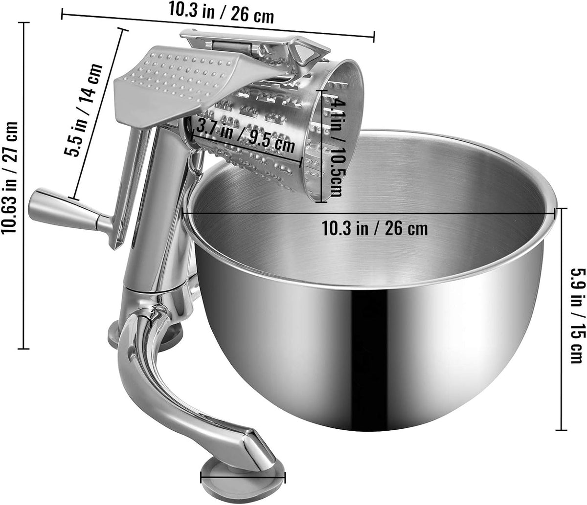 Rotary Cheese Grater, Zinc Alloy Rotary Vegetable Mandoline, Manual Cheese Mandoline w/ 5 Stainless Steel Cutting Cones, Manual Vegetable Grater w/ 2.5L Bowl, Rotary Shredder w/Suction Base