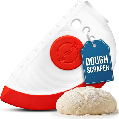 red 5-in-1 flexible dough and bowl scraper with stainless-steel edge and integrated ruler