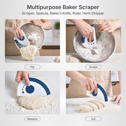 red 5-in-1 flexible dough and bowl scraper with stainless-steel edge and integrated ruler