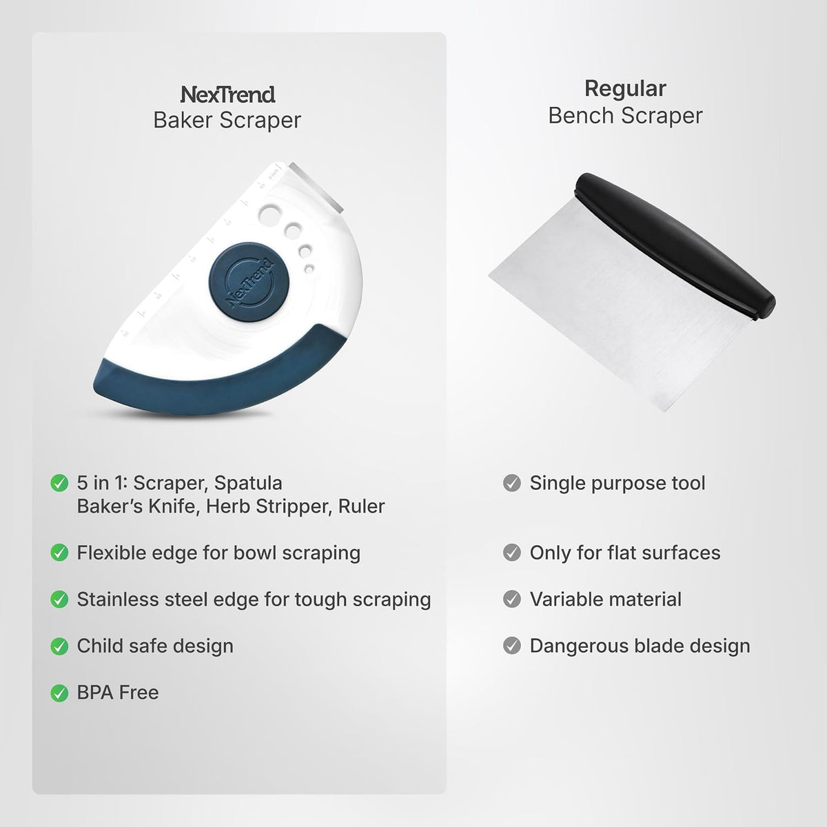 red 5-in-1 flexible dough and bowl scraper with stainless-steel edge and integrated ruler