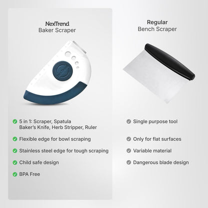 red 5-in-1 flexible dough and bowl scraper with stainless-steel edge and integrated ruler