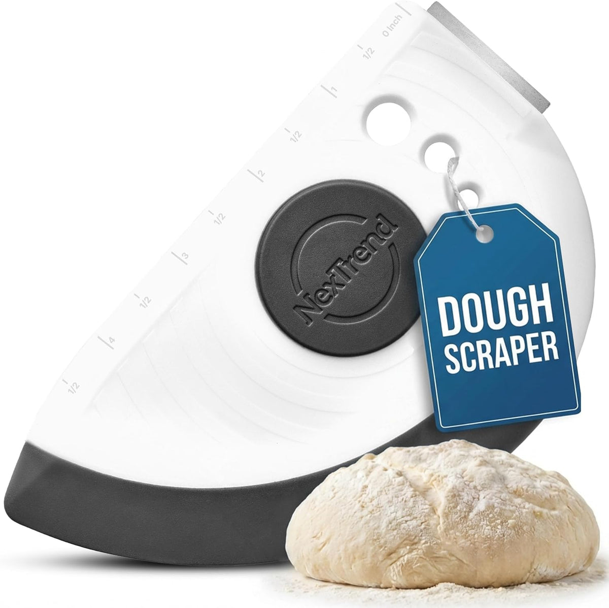 red 5-in-1 flexible dough and bowl scraper with stainless-steel edge and integrated ruler
