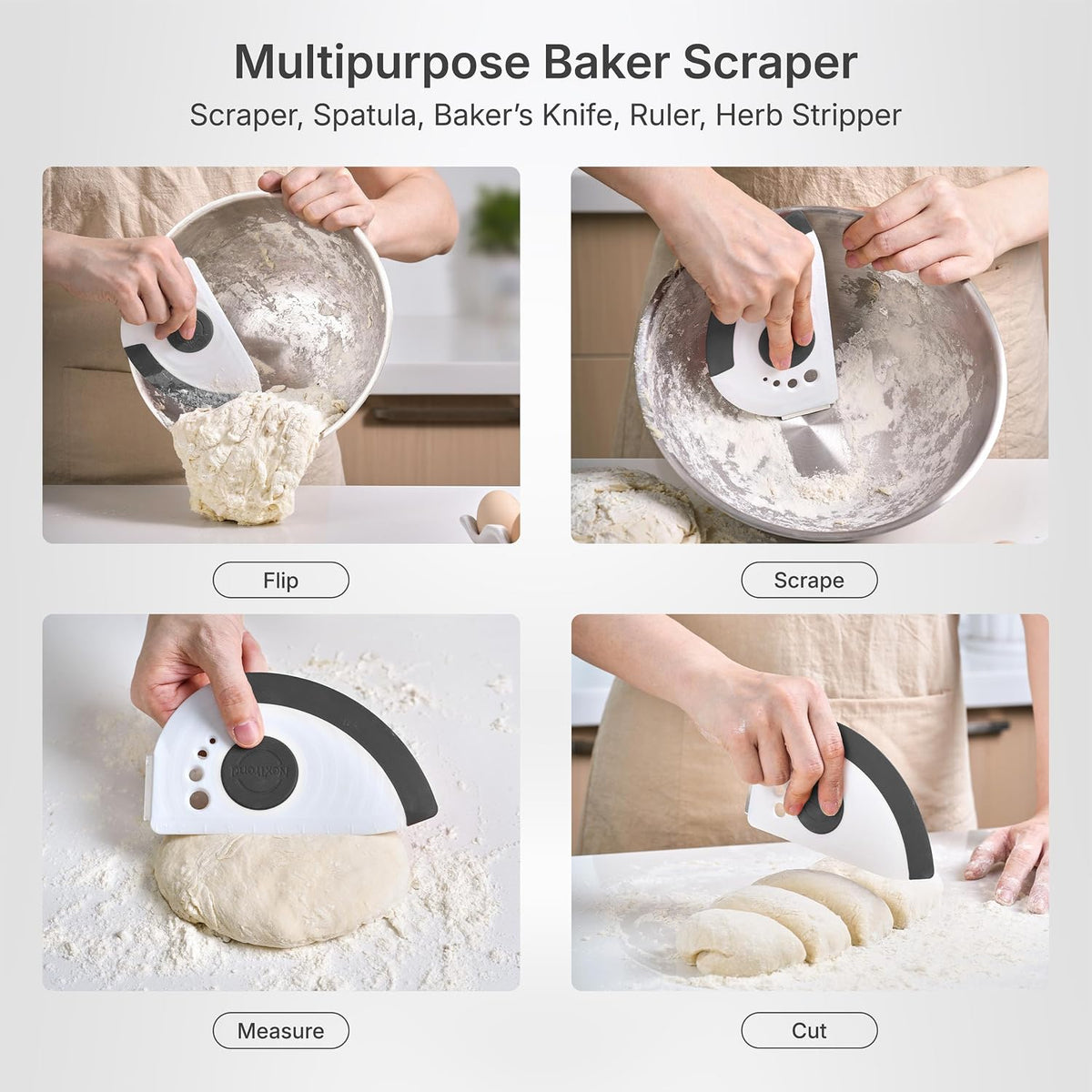 red 5-in-1 flexible dough and bowl scraper with stainless-steel edge and integrated ruler