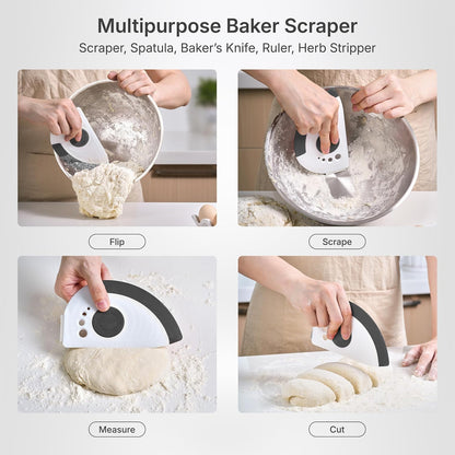 red 5-in-1 flexible dough and bowl scraper with stainless-steel edge and integrated ruler