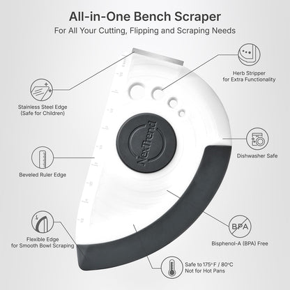 red 5-in-1 flexible dough and bowl scraper with stainless-steel edge and integrated ruler