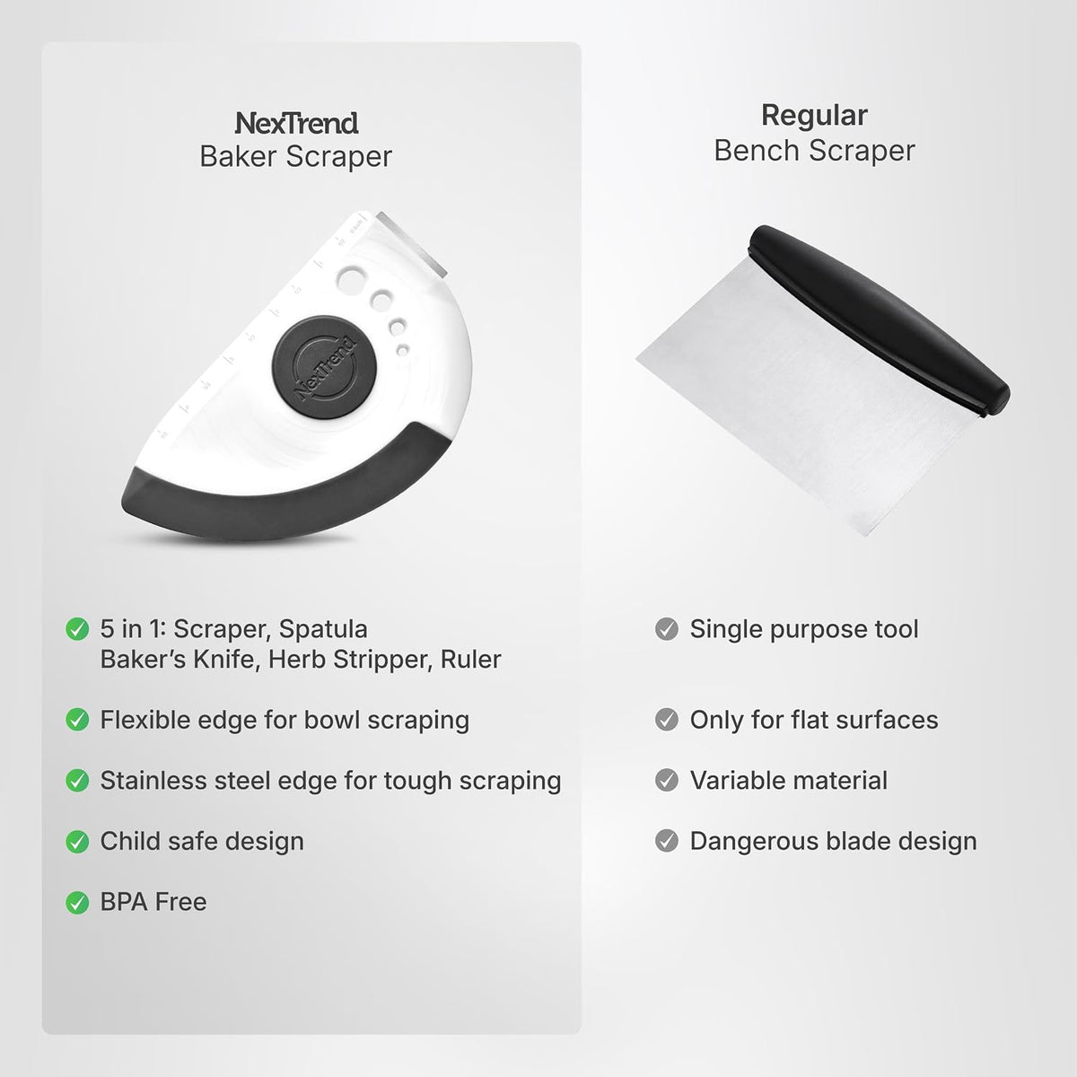 red 5-in-1 flexible dough and bowl scraper with stainless-steel edge and integrated ruler