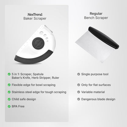 red 5-in-1 flexible dough and bowl scraper with stainless-steel edge and integrated ruler