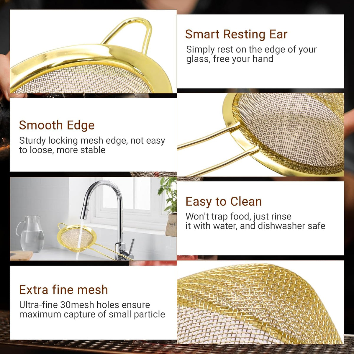 Small Fine Mesh Strainer, Stainless Steel, Gold